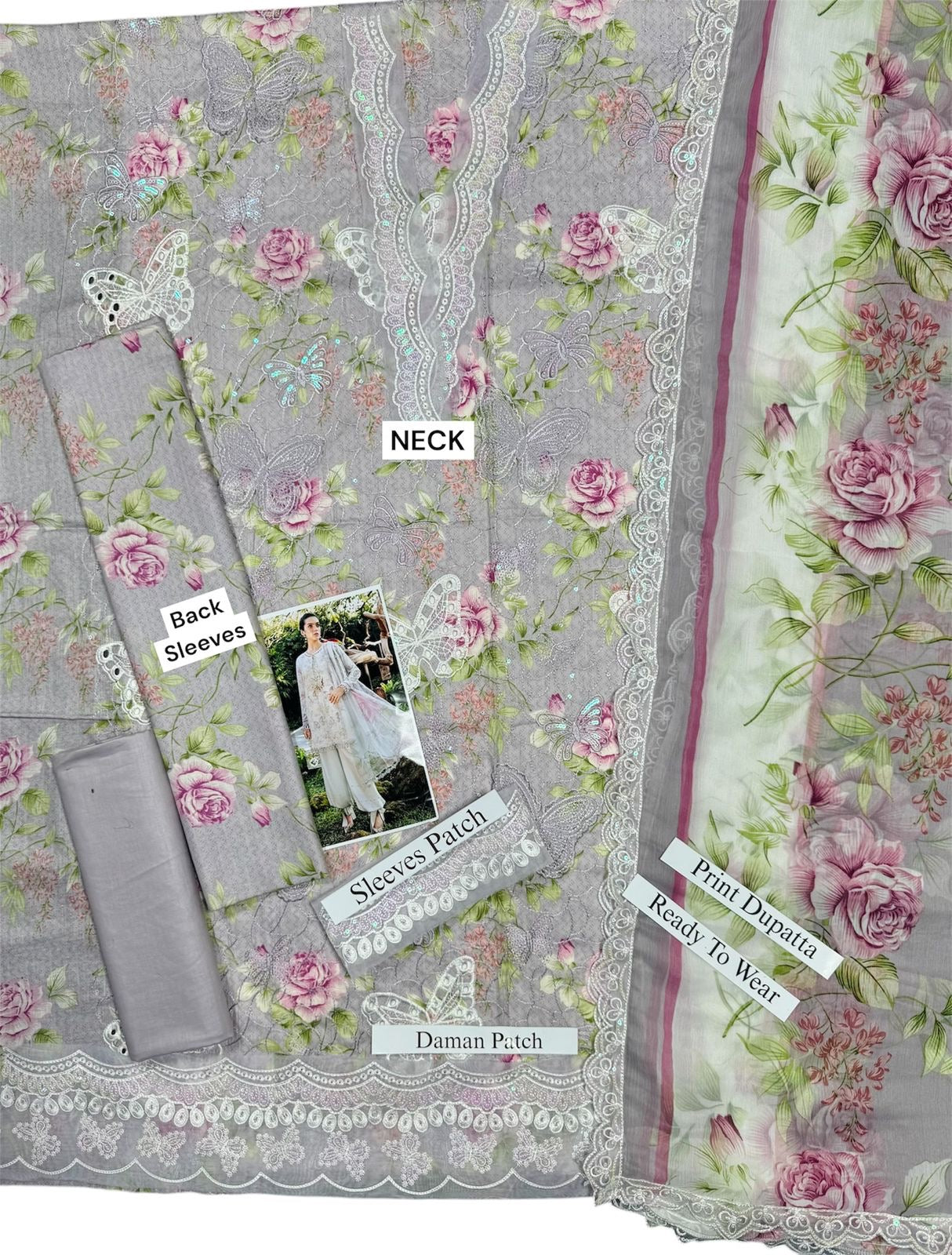MARIA B | 🦋 PRINTED/ BORING EMBROIDERED LAWN UNSTICHED 3pc | SL-725