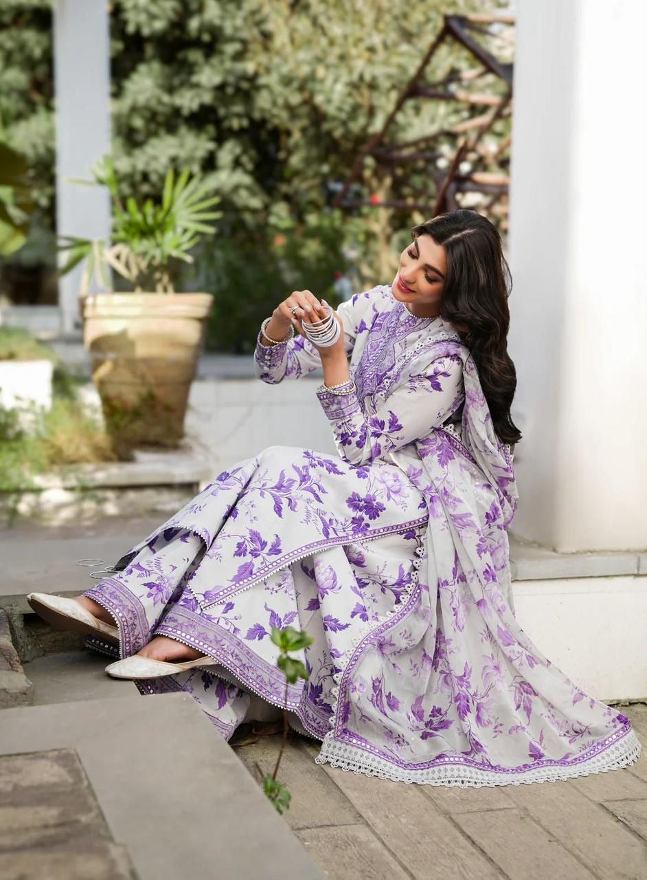 Purple Bloom Printed Embroidered Unstiched Lawn 3pc (SL-1955)