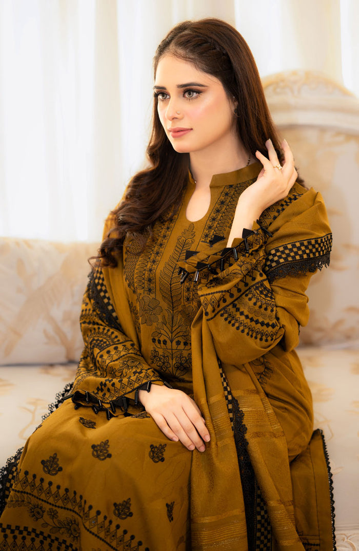 Zainii’s Mustard Embroidered Dhanak Unstiched 3pc WITH EMBROIDERED DHANAK SHAWL (SL-1155)