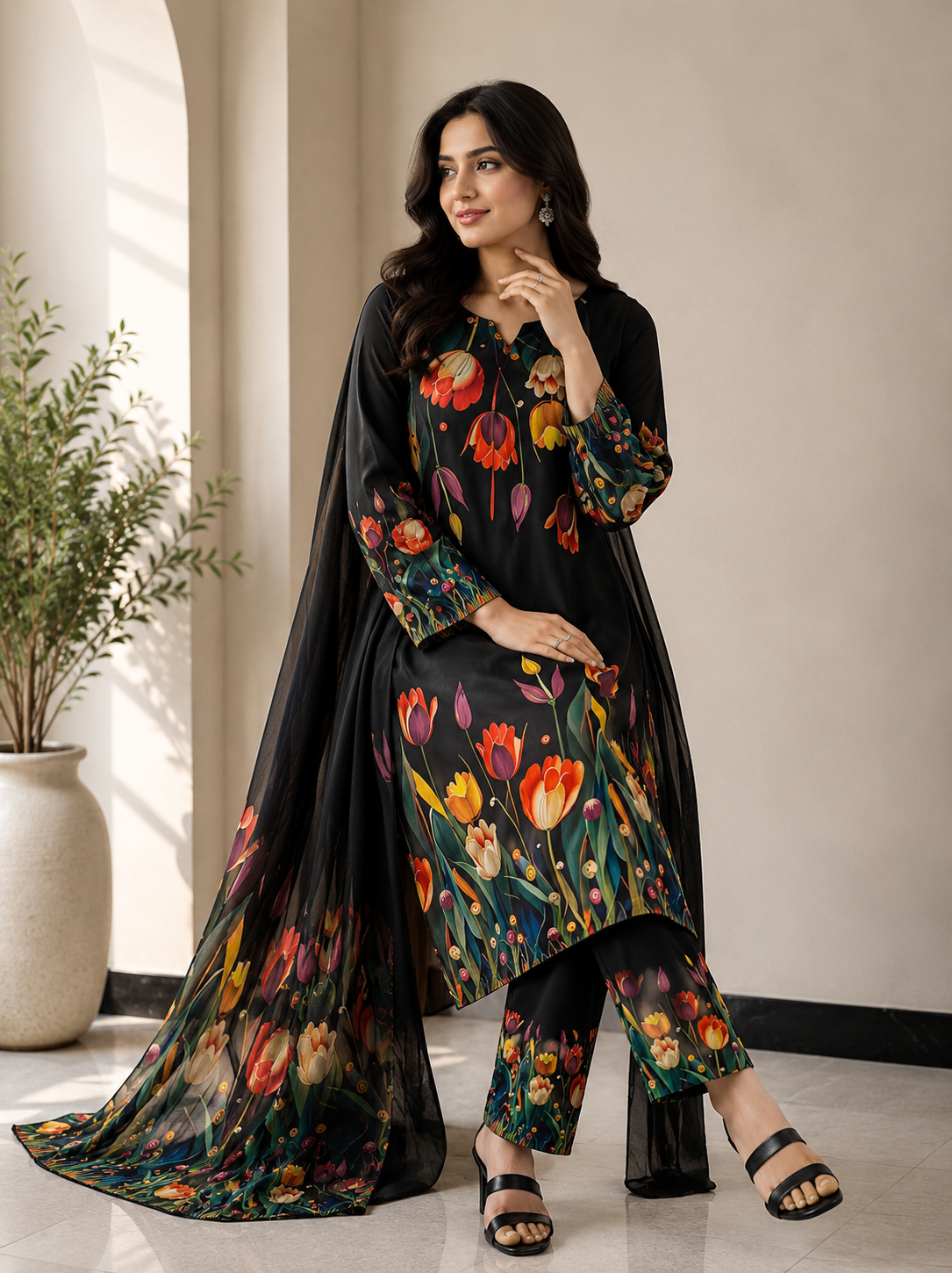 Tulip | Floral Digital Printed Lawn 3pc | SL-617 | BLACK