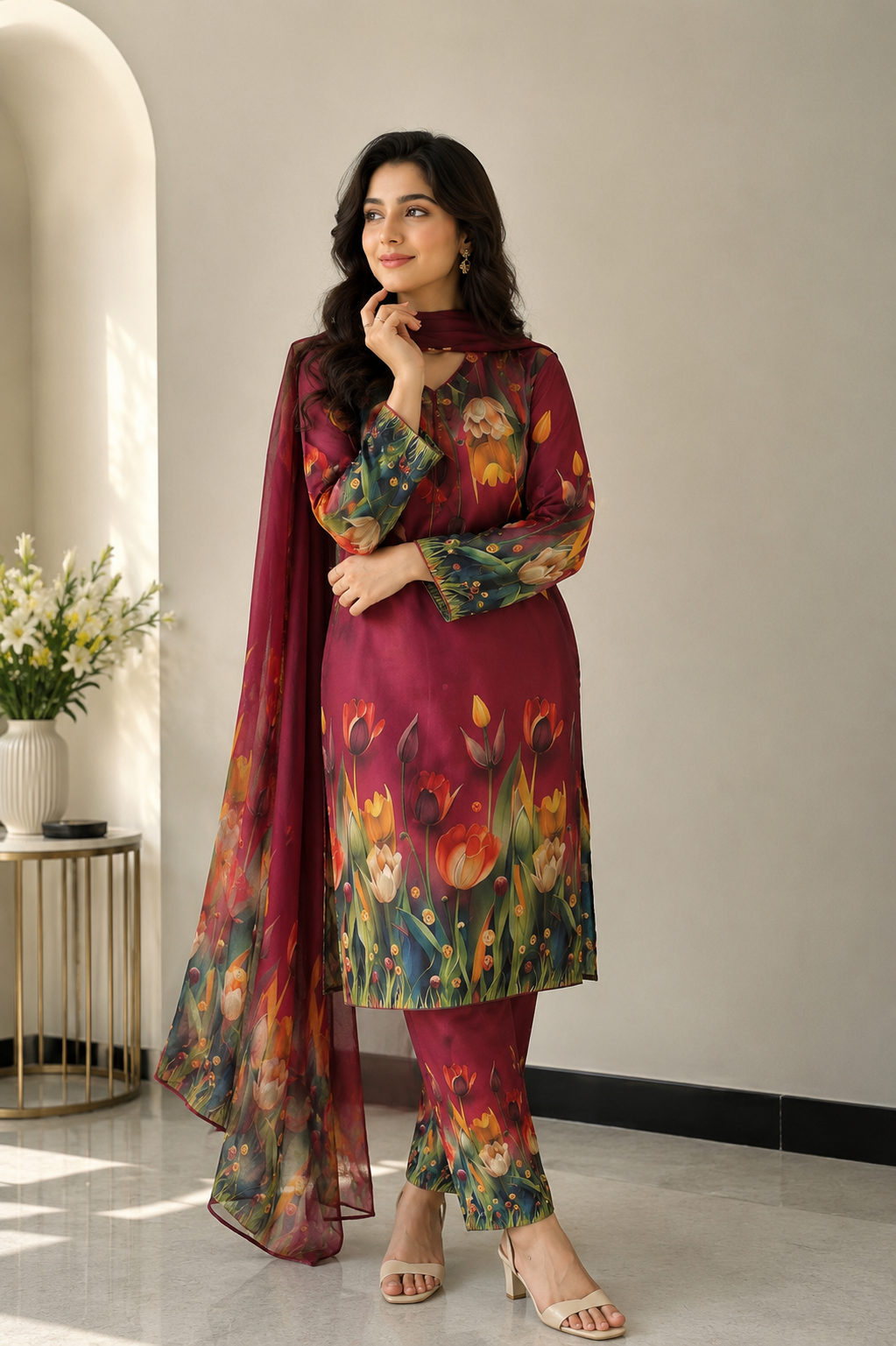 Tulip | Floral Digital Printed Lawn 3pc | SL-616 | Red