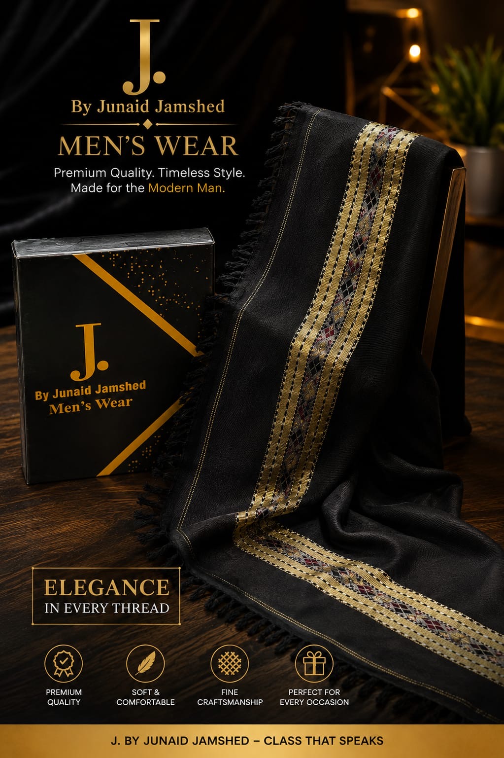 J. PREMIUM MEN’S WOOL SHAWL | JET BLACK | SL-5583
