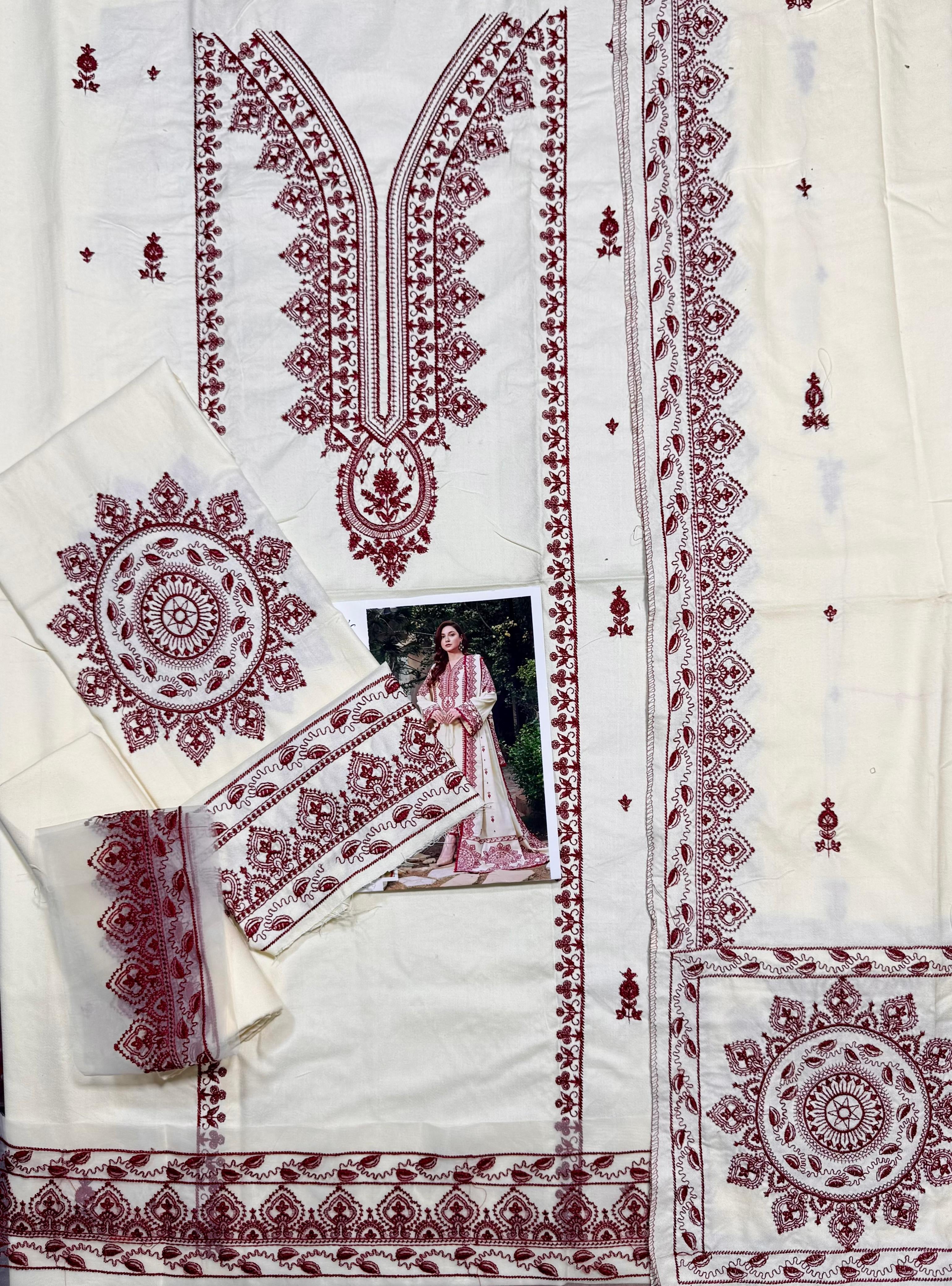 ANEELAS-3PC DHANAK EMBROIDERED SHIRT WITH DHANAK EMBROIDERED SHAWL & TROUSER SL-1155