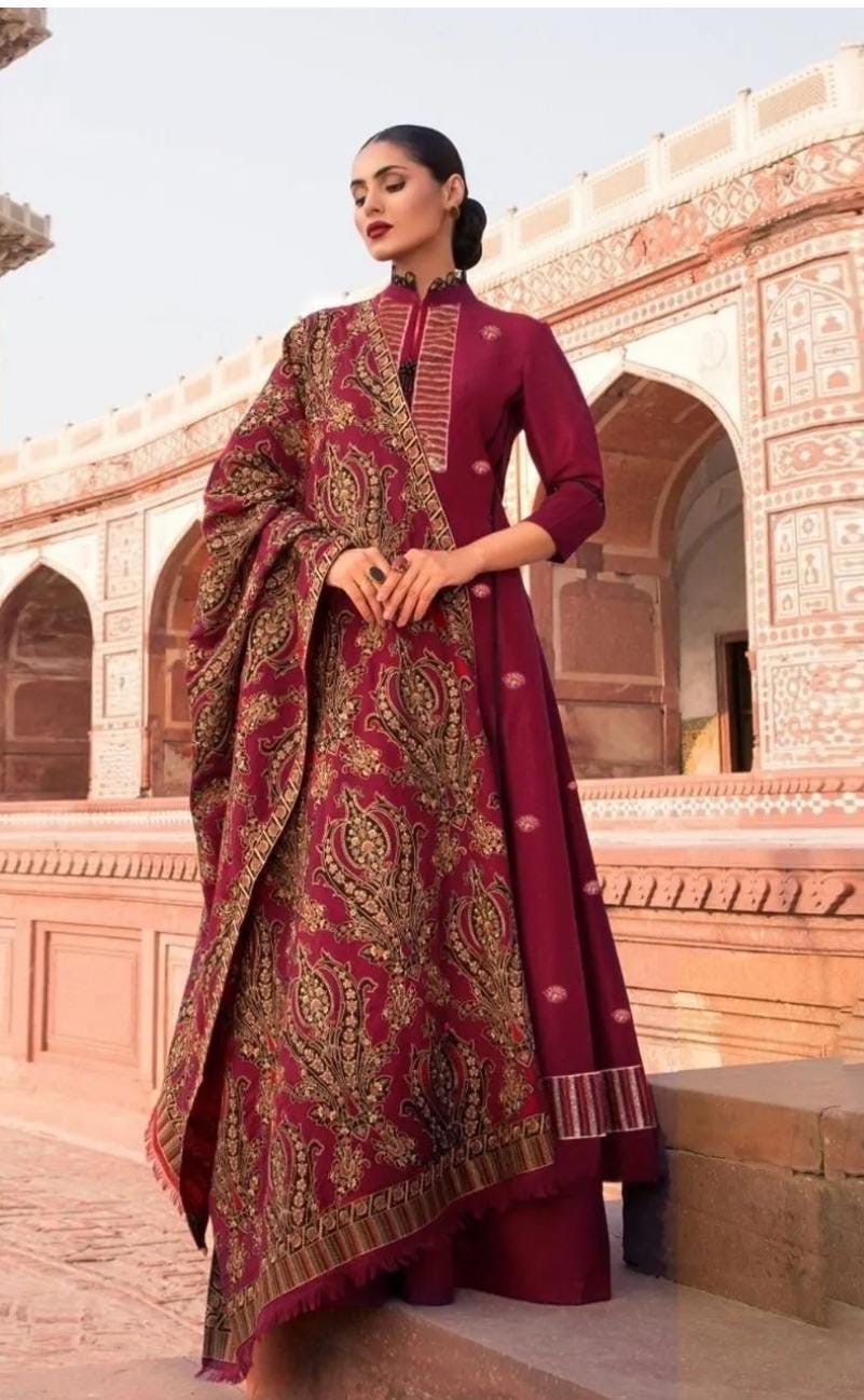 BAREEZE HEAVY EMBROIDERED DHANAK UNSTICHED 3pc WITH EMBROIDERED SHAWL (SL-507)