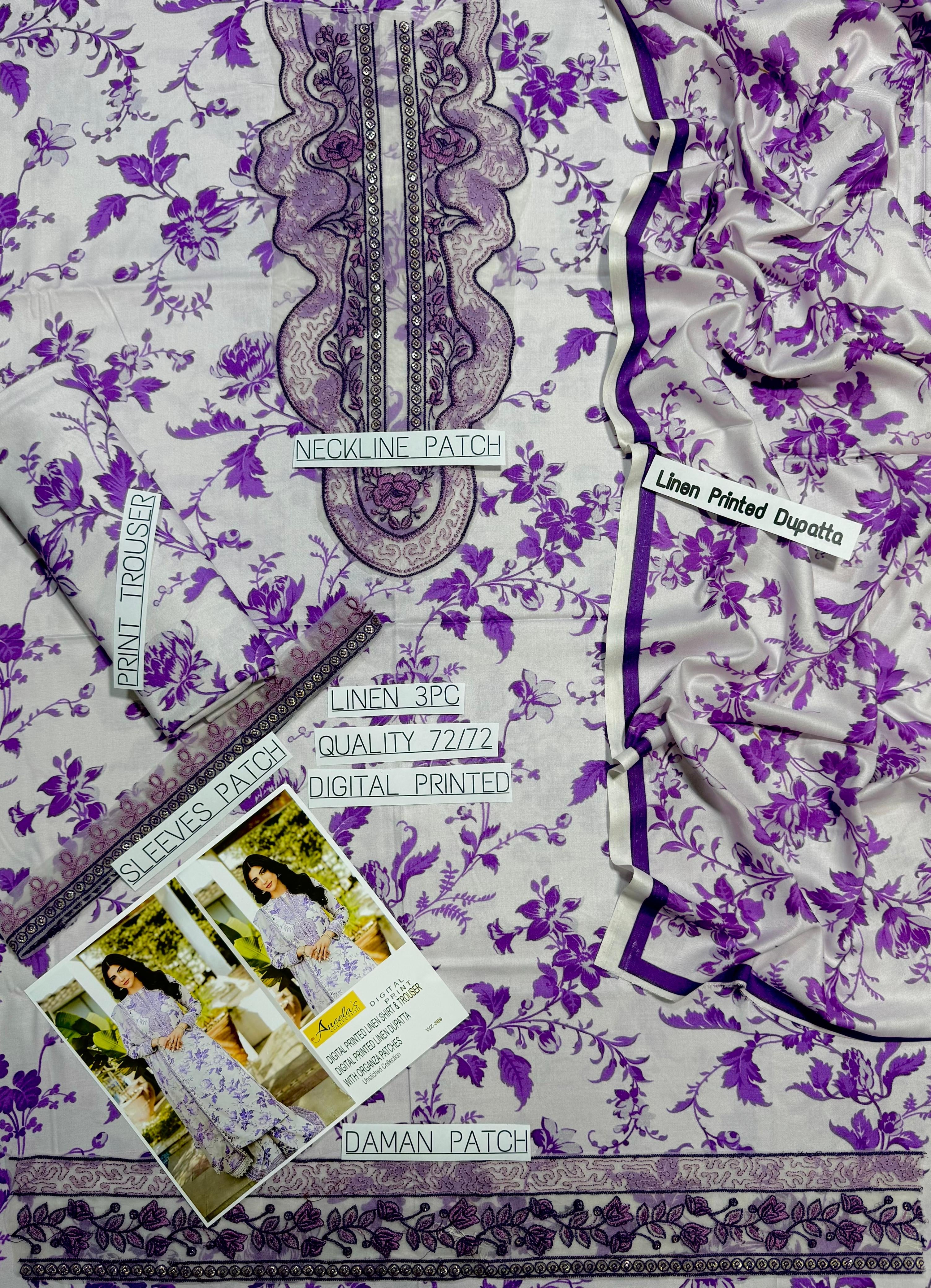 PURPLE BLOOM UNSTICHED LINEN PRINTED WITH PATCHES 3pc (SL-2055)