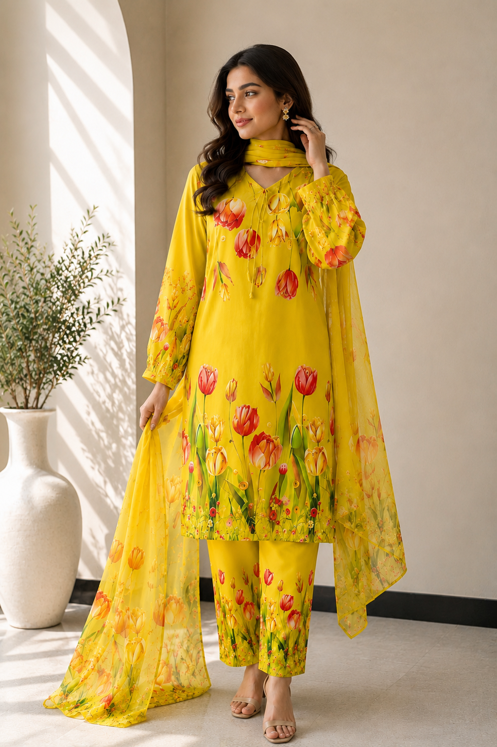 Tulip | Floral Digital Printed Lawn 3pc | SL-619 | Yellow