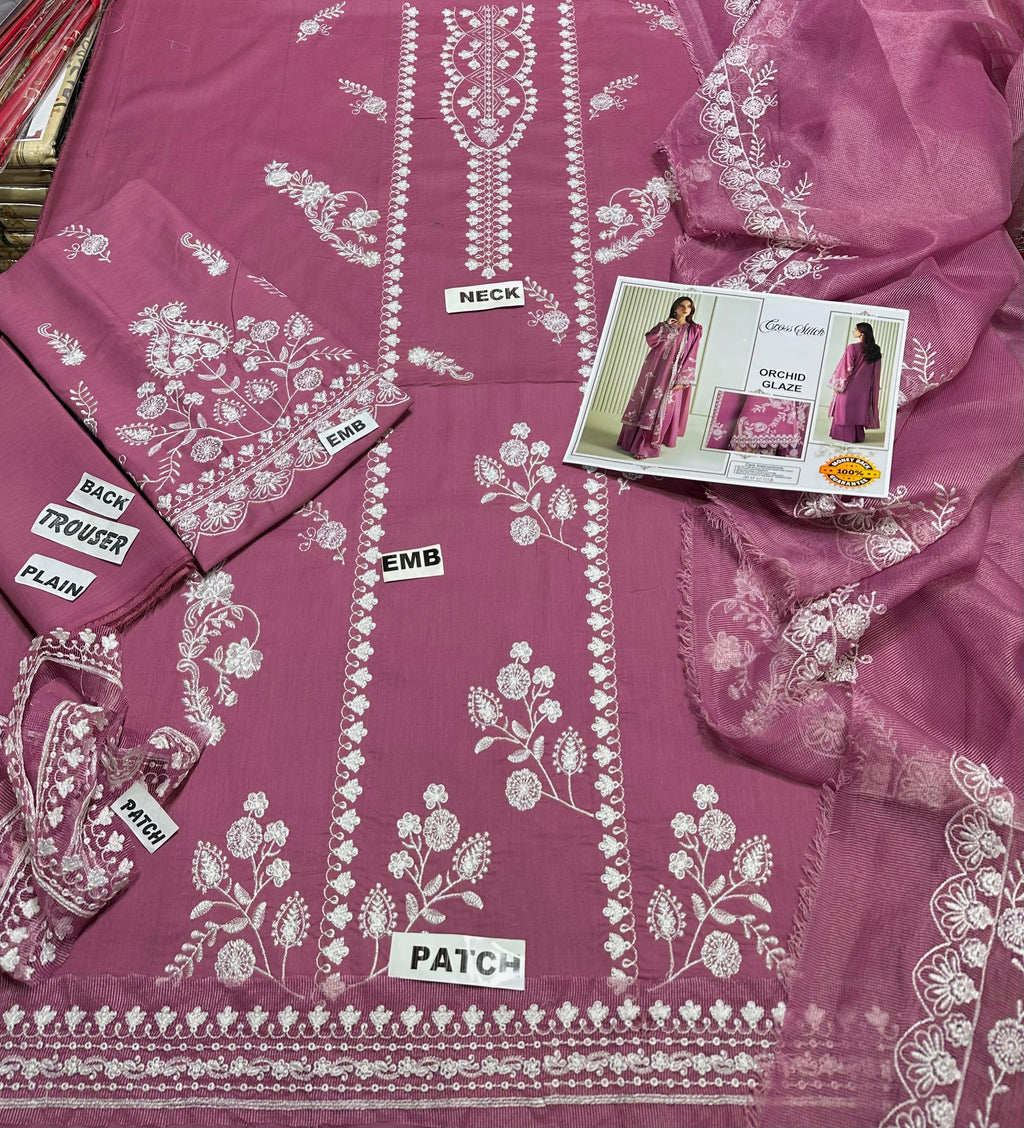 ORCHID GLAZE-CROSS STICH LUXURY EMBROIDERED LAWN 3pc (SL-6393)