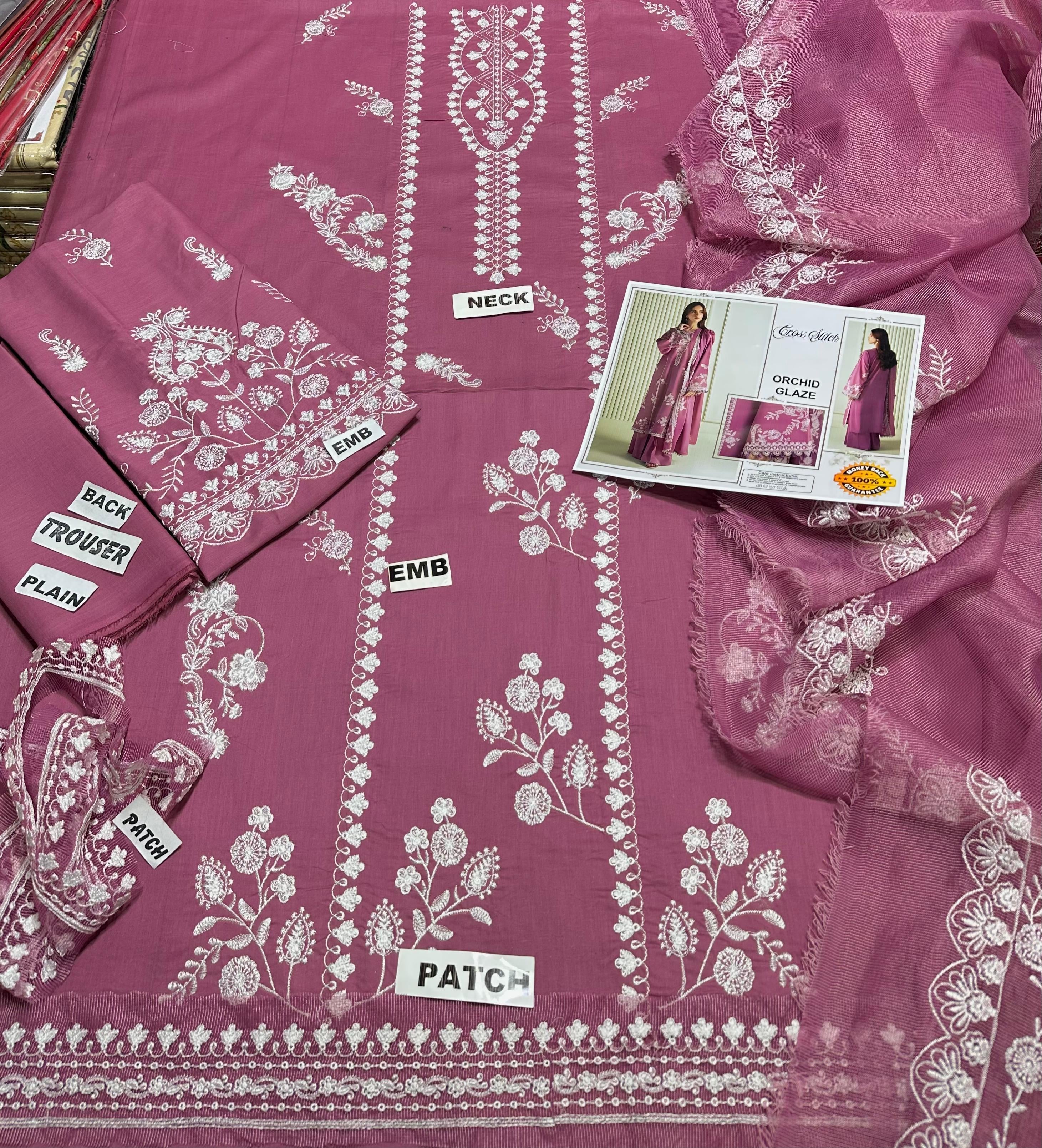 ORCHID GLAZE-CROSS STICH LUXURY EMBROIDERED LAWN 3pc (SL-6393)
