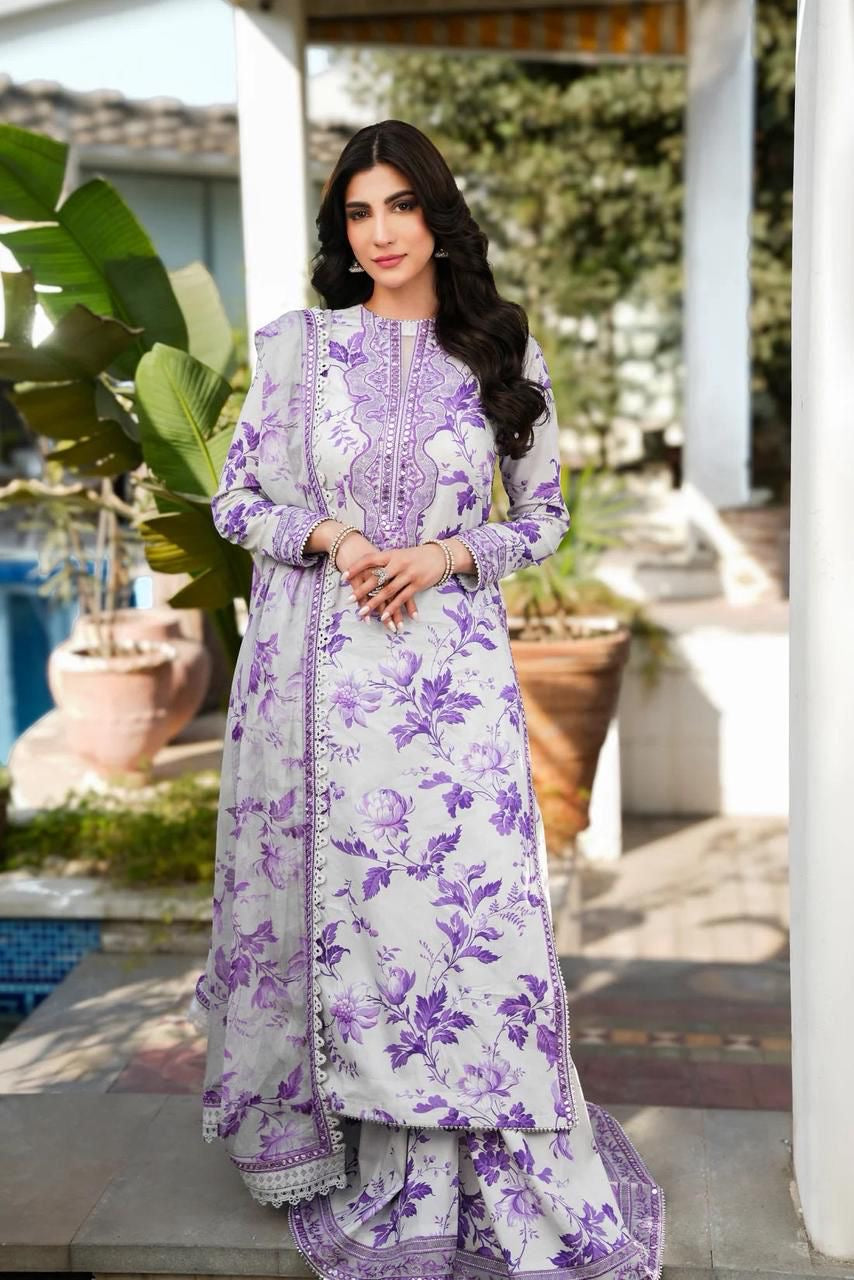 Purple Bloom Printed Embroidered Unstiched Lawn 3pc (SL-1955)