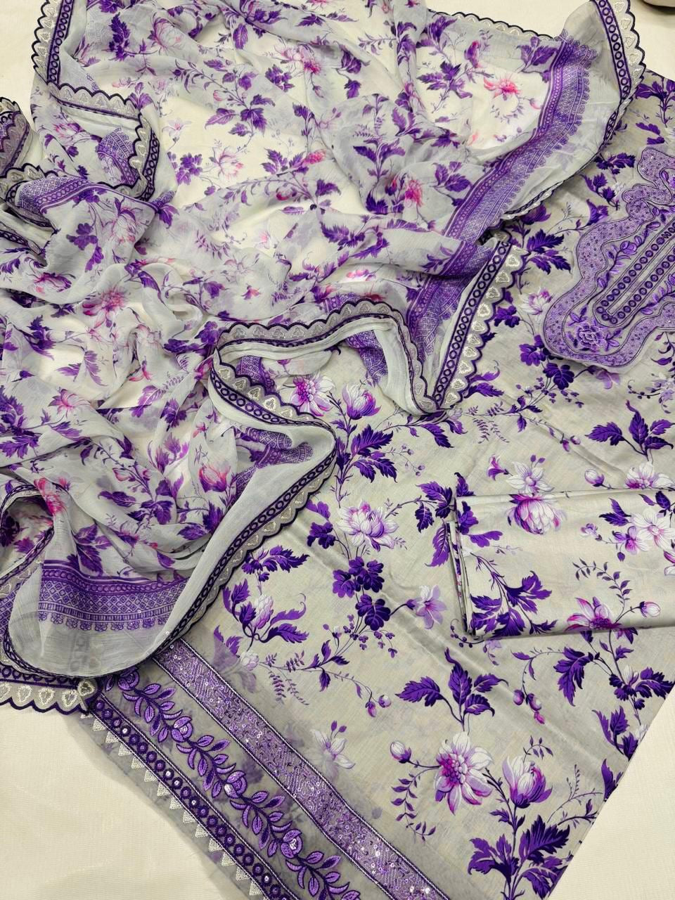 Purple Bloom Printed Embroidered Unstiched Lawn 3pc (SL-1955)