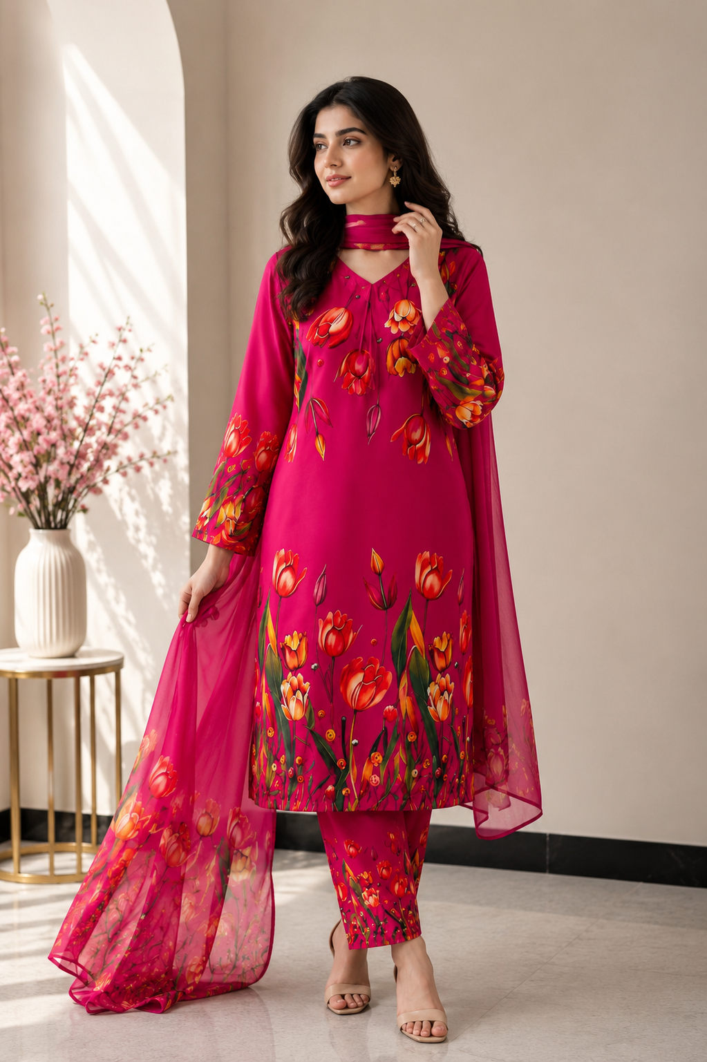 Tulip | Floral Digital Printed Lawn 3pc | SL-618 | Hot Pink