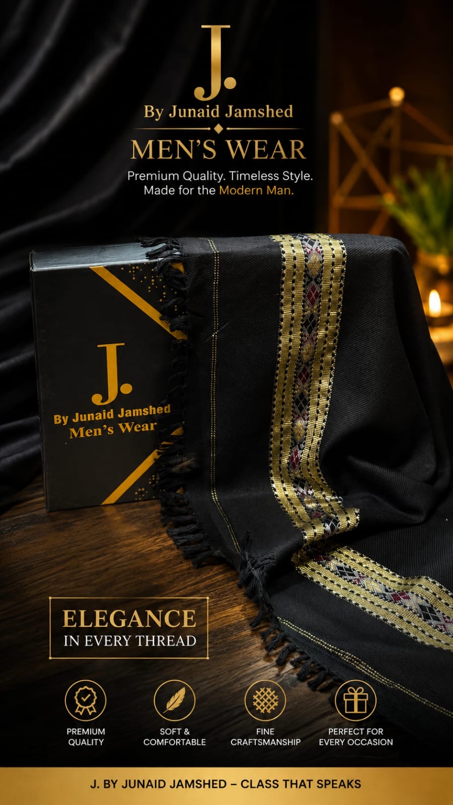 J. PREMIUM MEN’S WOOL SHAWL | JET BLACK | SL-5583