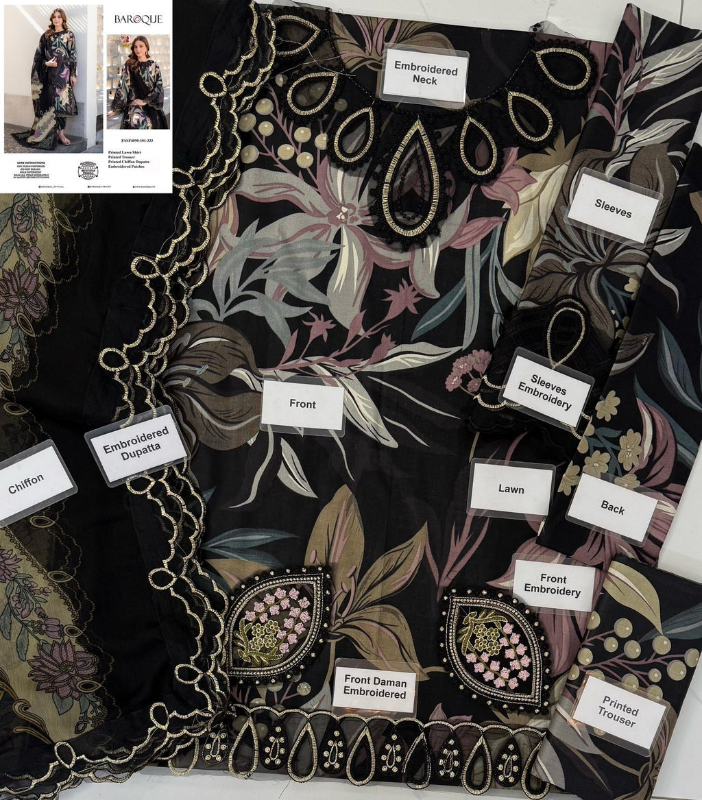 Baroque Printed Embroidered Unstiched Lawn 3pc (SL555)