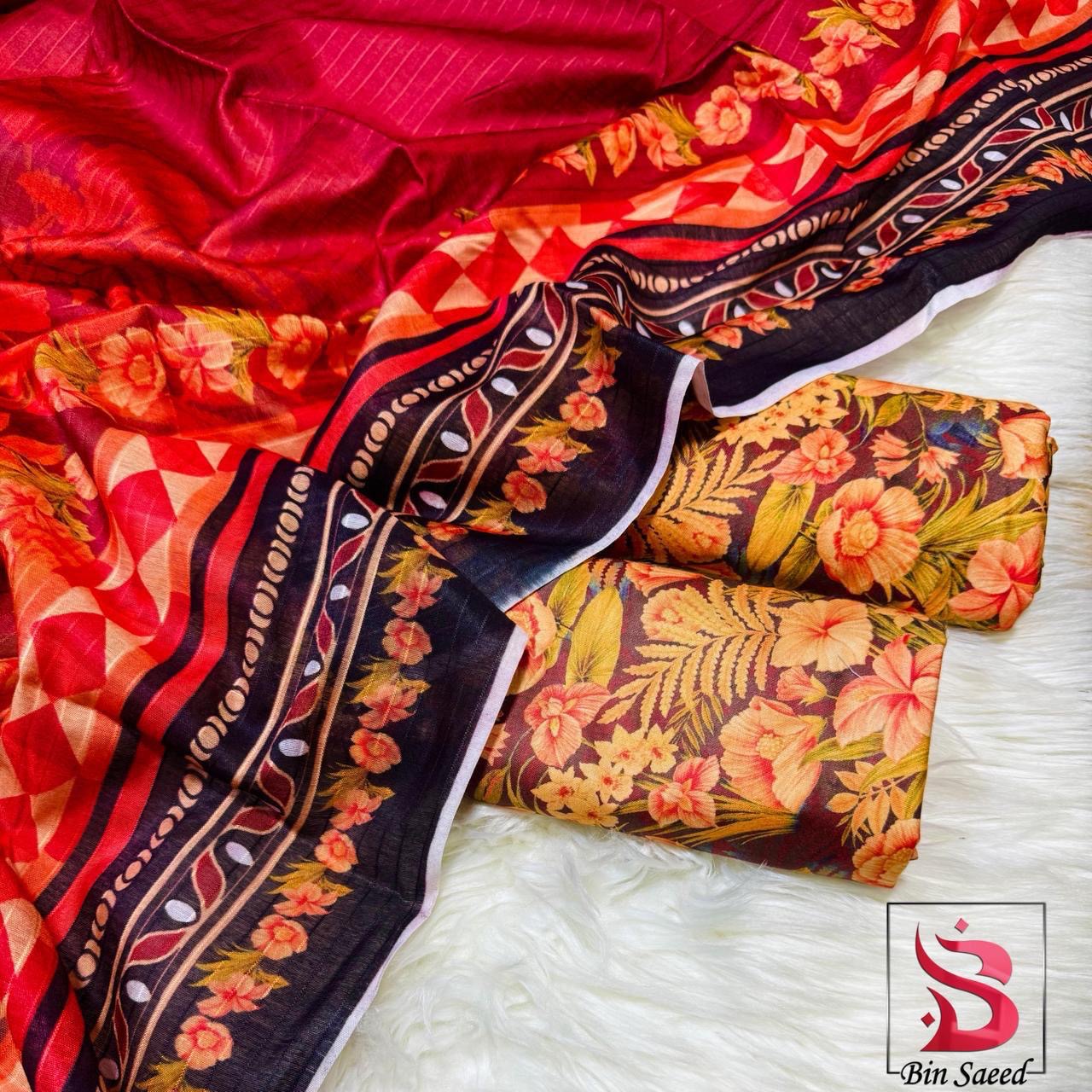 Bin Saeed Unstiched Linen Printed 3pc