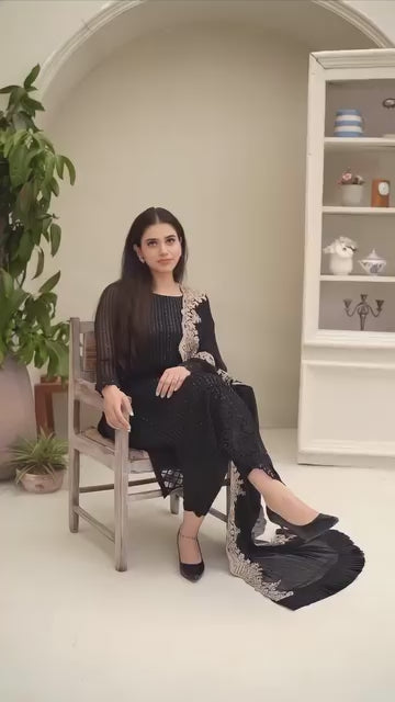 ONYX DOVE - AFROZEH LUXE 3PC UNSTICHED CHIFFON EMBROIDERED FORMAL DRESS (SL-1327)
