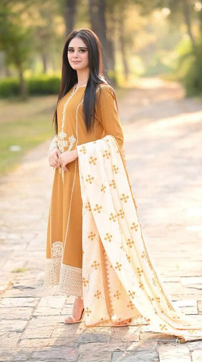 LIBAAS EMBROIDERED DHANAK UNSTITCHED 3PC WITH EMBROIDERY DHANAK SHAWL