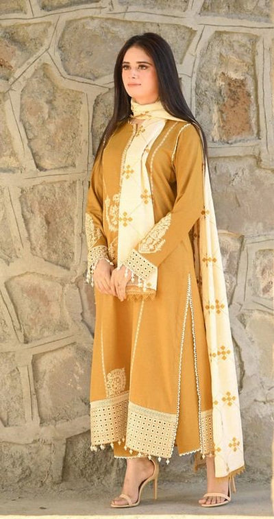 LIBAAS EMBROIDERED DHANAK UNSTITCHED 3PC WITH EMBROIDERY DHANAK SHAWL