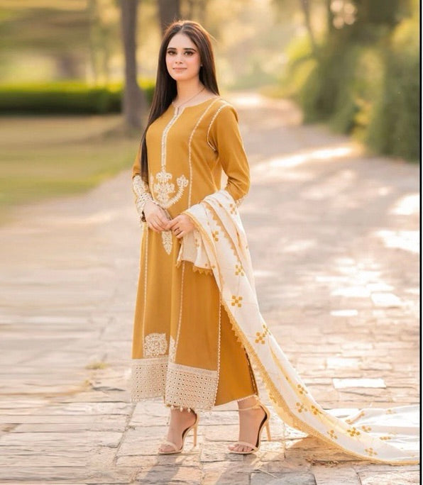 LIBAAS EMBROIDERED DHANAK UNSTITCHED 3PC WITH EMBROIDERY DHANAK SHAWL